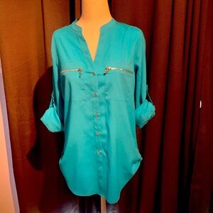 Calvin Klein polyester button down zip detail blouse. Gently worn, small, aqua.